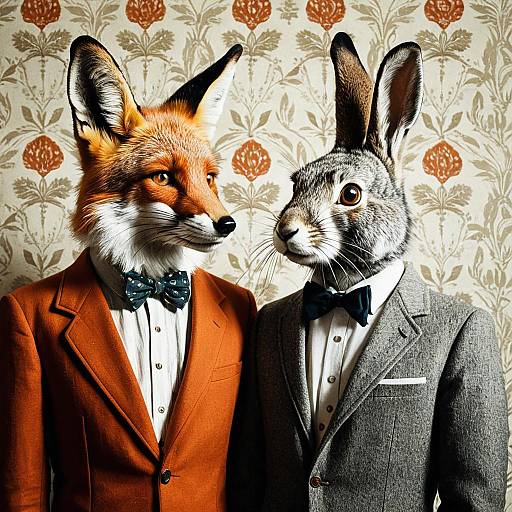 Fox and Rabbit Humanoid Portrait in Vintage Style