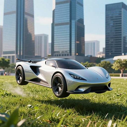 Futuristic Silver Hovercar in Cityscape