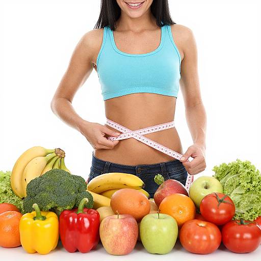Photograph of a smiling woman with black hair, wearing a light blue sports bra and jeans, measuring her waist with a tape measure, surrounded by colorful