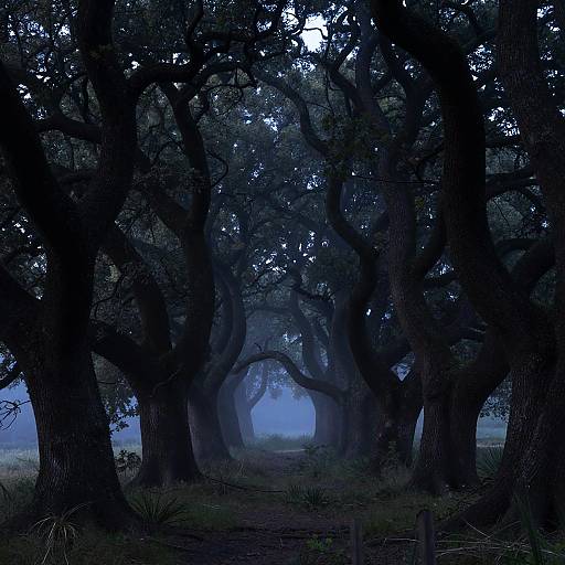 Mysterious, dark forest path with towering, twisted trees creating an archway, illuminated by a faint, eerie blue mist. Digital artwork.