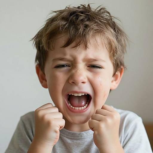 Photograph of a young boy with messy brown hair, crying with mouth open and fists clenched, wearing a gray shirt against a plain white background.