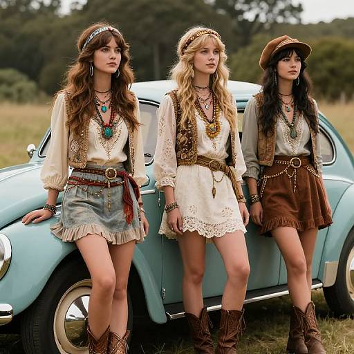 Photograph of three young women with bohemian outfits, standing beside a vintage blue car, wearing fringe skirts, layered necklaces, and brown boots