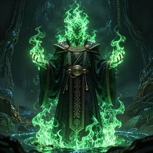 Digital artwork of a hooded sorcerer with glowing green flames surrounding him, standing in a dark, mystical, rocky landscape.