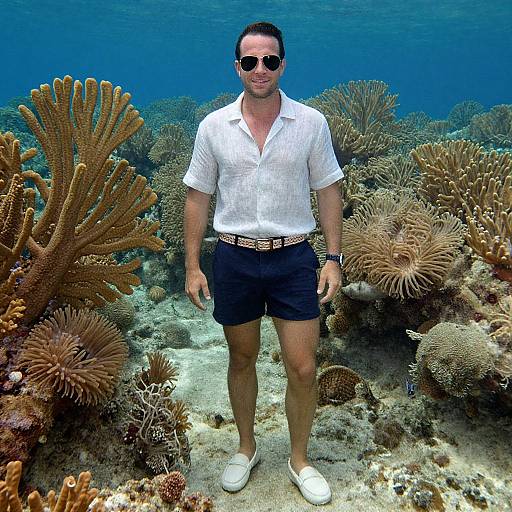Photograph of a man with short dark hair, sunglasses, white shirt, black shorts, white sneakers, standing underwater surrounded by coral.
