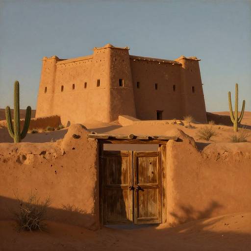 Photograph of a sunlit, adobe-style, two-story desert house with wooden door, surrounded by cacti, and set against a clear