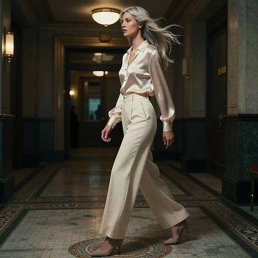 Photograph of a tall, slender woman with long, silver hair walking in a dimly lit, elegant hallway. She wears a silky, cream blouse