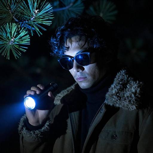 Man with Flashlight in Dark Forest
