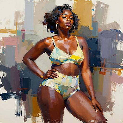 Digital painting of a confident, dark-skinned woman with short curly hair, wearing yellow and white striped bikini, standing against abstract, colorful background.