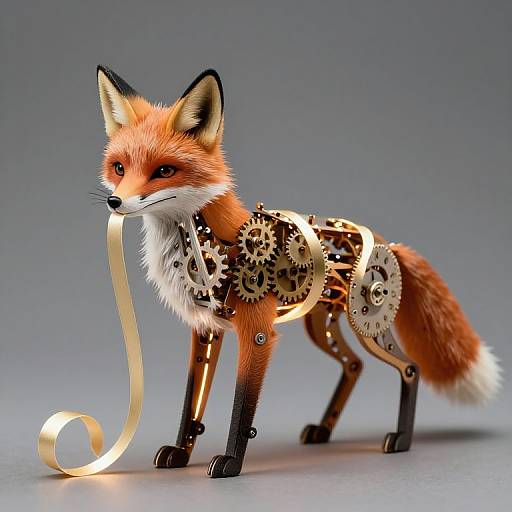 Photorealistic digital artwork of a fox with a mechanical body, featuring golden gears and a flowing ribbon against a gray background.