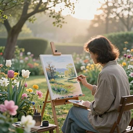 Photograph of a woman with curly brown hair painting a vibrant garden scene on an easel in a sunlit flower garden.
