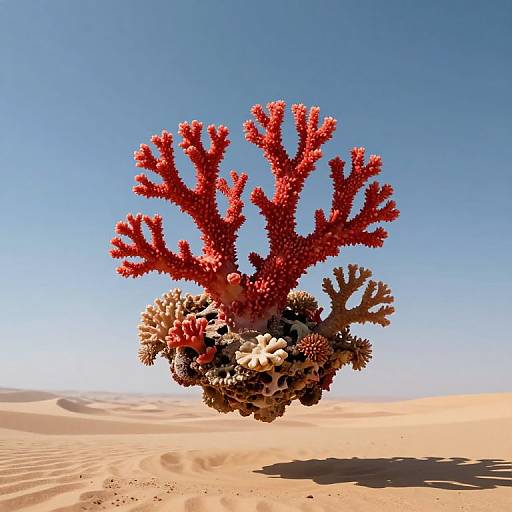 Photograph of vibrant red coral with branching structure, surrounded by various corals, floating above a sunny, sandy desert landscape. Clear blue sky in the