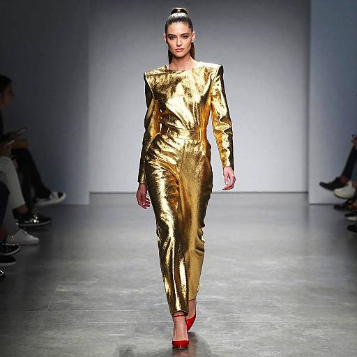 Confident Female Model on Metallic Runway