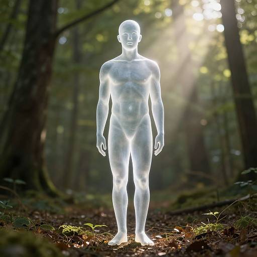 Photograph of a translucent, glowing, nude male figure standing in a sunlit forest, surrounded by tall trees and dappled sunlight.