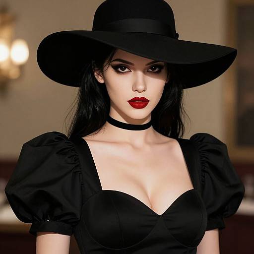 Digital artwork of a pale-skinned woman with black hair, wearing a wide-brimmed black hat, red lipstick, black choker, and p