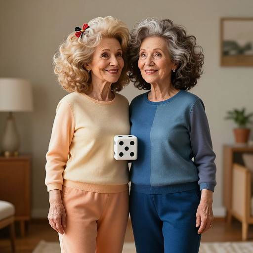 Photograph of two smiling elderly women with curly hair, one in peach sweater and pants, the other in blue, with a dice floating between them in