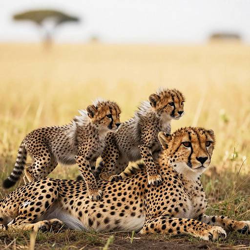 Photograph of a cheetah mother with three cubs, lying in a golden savanna, the cubs standing and climbing on her back,