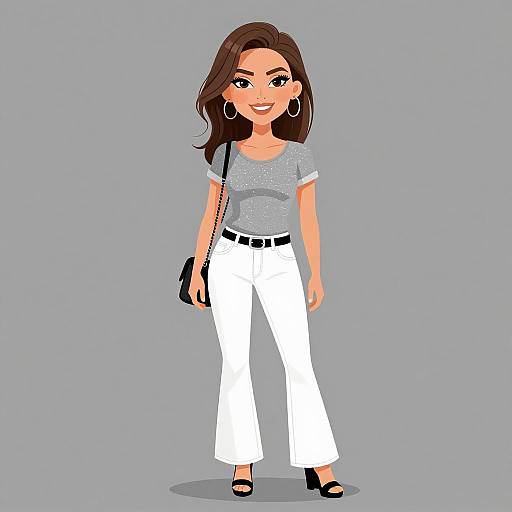 Digital illustration of a smiling woman with long brown hair, wearing a gray top, white pants, black belt, black heels, and large hoop earrings,