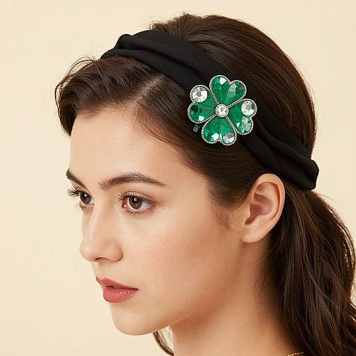 Photograph of a young woman with fair skin, brown eyes, and dark brown hair, wearing a black headband with a green, four-leaf