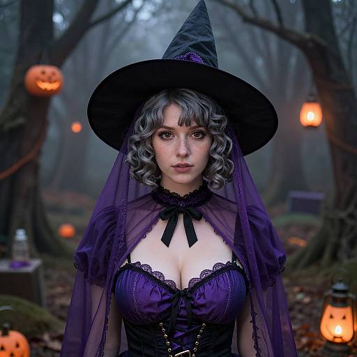 Photorealistic digital artwork: Curly-haired witch in purple dress and hat, revealing cleavage, stands in foggy forest with glowing jack-o'-