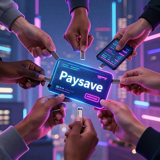 Photograph of diverse hands holding smartphones and credit cards, forming a circle around a glowing 