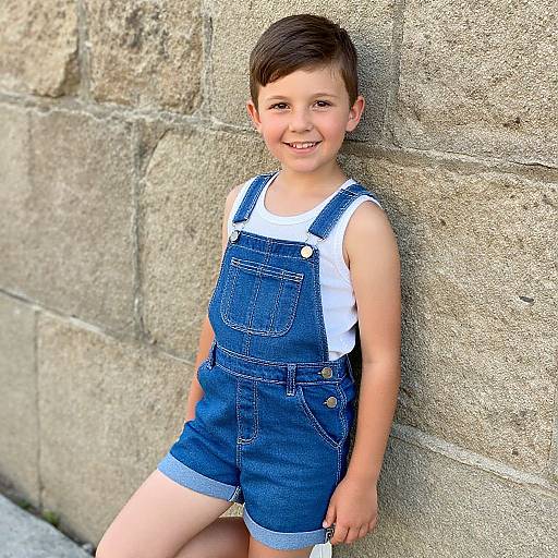 Photograph of a smiling young boy with short brown hair, wearing blue denim overalls and white shirt, leaning against a textured stone wall.