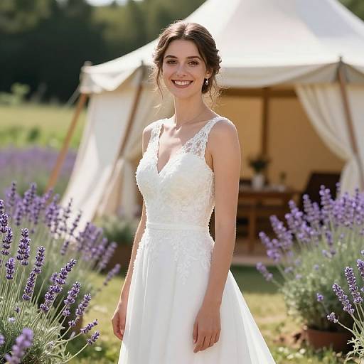 Photograph of a smiling young woman in a white lace wedding dress standing in a lavender field with a tent in the background.