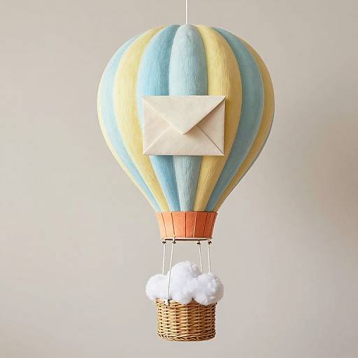 Photograph of a whimsical, pastel-striped hot air balloon with a white envelope, wicker basket, and fluffy white clouds, hanging against a