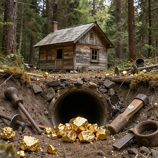Photograph of a rustic wooden cabin in a forest, with a dark tunnel leading to a pile of glowing gold nuggets surrounded by rusty tools.