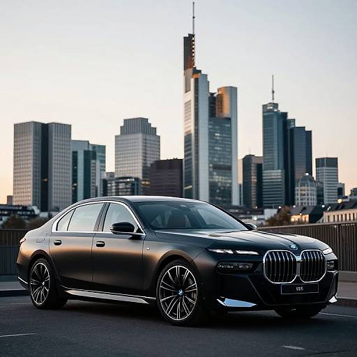 Photograph of a sleek black BMW sedan with chrome accents parked on a rooftop, overlooking a modern city skyline at sunset.