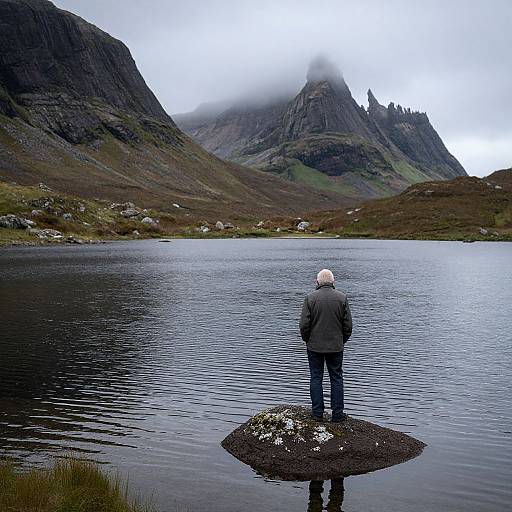 Photograph of a person in a gray jacket and white hat standing on a small rock in a calm lake, facing towering mist-covered mountains in a rugged