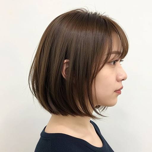 Photograph of a young Asian woman with a short, straight, dark brown bob haircut, wearing a black top, in profile against a white background.