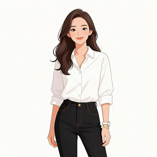 Digital anime-style illustration of a smiling woman with long brown hair, wearing a white button-up shirt and black high-waisted jeans.