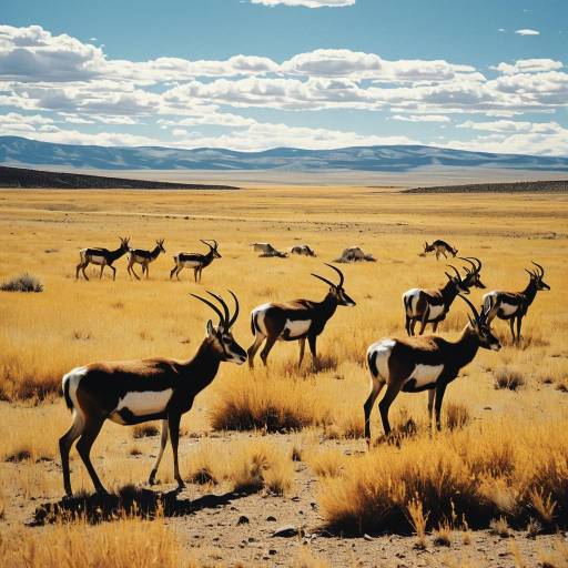 Herd of Pronghorn Antelopes in Desert Grassland