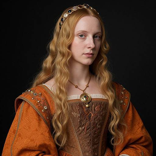 Photograph of a fair-skinned, red-haired woman with wavy hair, wearing a medieval-style orange gown with intricate gold embroidery and a jeweled