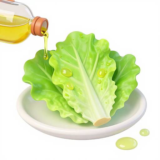Digital illustration of a fresh green lettuce leaf on a white plate, being drizzled with golden oil from a glass bottle.