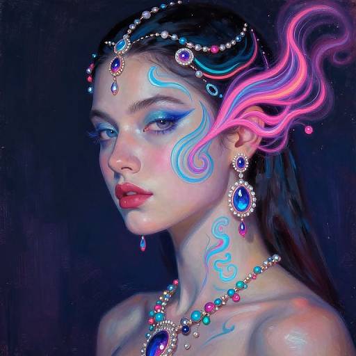 Digital painting of a fair-skinned woman with neon blue and pink hair, wearing elaborate jewel-encrusted headpiece and necklace, against a dark