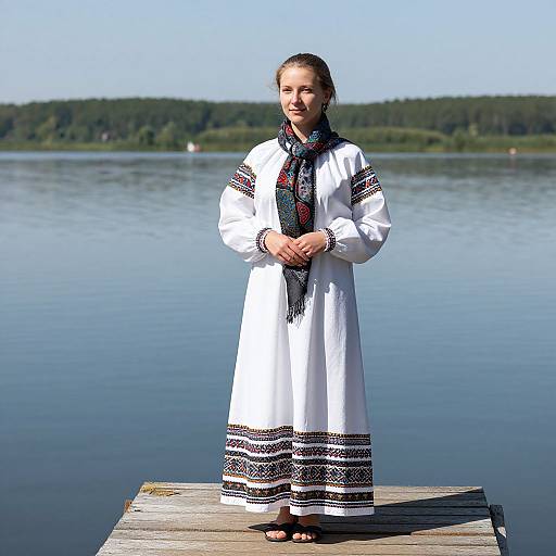 Photograph of a woman in a white, long embroidered dress with black and red patterns, standing on a wooden dock by a calm lake, with a