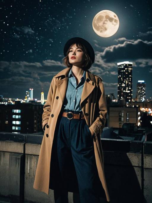 Woman in Trench Coat with Full Moon Night Cityscape