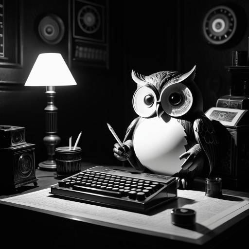 Noir Owl Writing on Vintage Computer