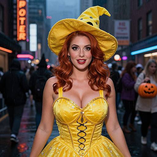 Photograph of a red-haired woman in a yellow witch costume with a hat, corset, and full skirt, standing in a rainy urban street at