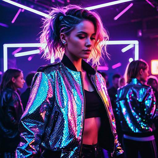 Woman with Galaxy Hair and Metallic Jacket in Neon Club