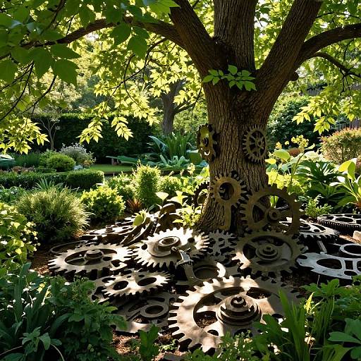 Photograph of a sunlit garden with a large tree, surrounded by green foliage, and metallic gears embedded in the ground.