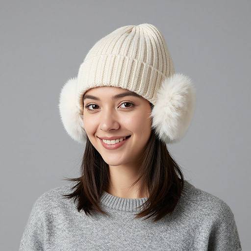 Photograph of a smiling young woman with medium skin tone, dark brown hair, wearing a white knitted winter hat with fluffy ear flaps, and