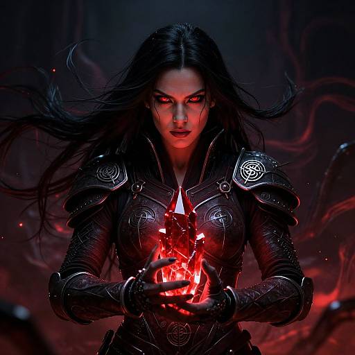 Digital art: Dark-haired woman with glowing red eyes, black ornate armor, holding a fiery red crystal, set against a dark, smoky background