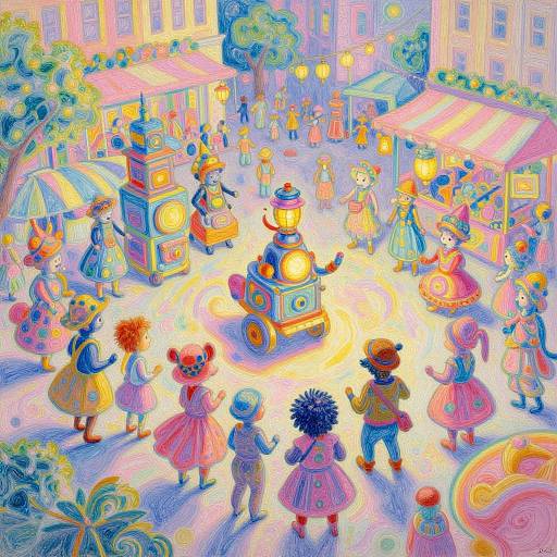 Vibrant digital illustration of a whimsical street festival featuring colorful, cartoon-like characters in Victorian attire, surrounded by bright market stalls and a glowing steam