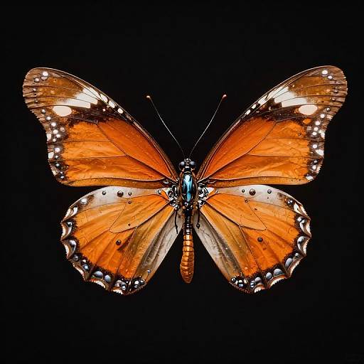 Photograph of a vibrant orange butterfly with white and black spots on its wings, set against a solid black background.