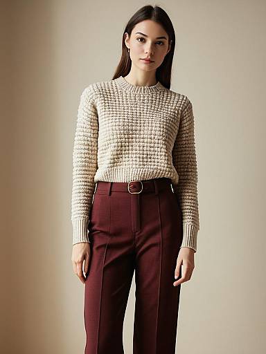 Woman in Textured Knit Sweater and Maroon Trousers