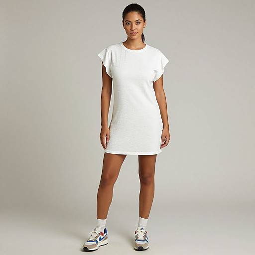 Photograph of a young woman with dark skin and black hair in a ponytail, wearing a white short-sleeve dress, white socks, and