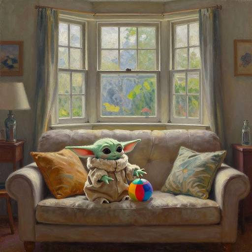 Digital painting of a cute green Gungan-like creature in a beige coat, sitting on a beige sofa with colorful pillows, holding a beach ball, in