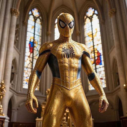 Photorealistic CGI of Spider-Man in a gold, textured suit, standing in a grand cathedral with tall, colorful stained glass windows.